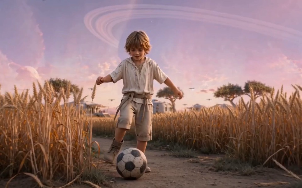 A child plays beneath Harmony's ringed sky while official broadcasts promise that the colony is secure.